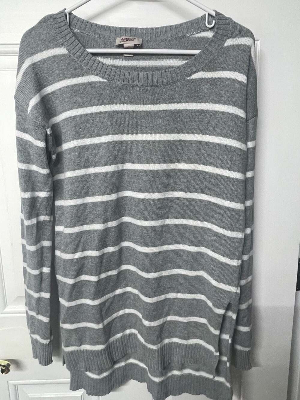 Womens Pullover Casual Loose Sweaters Gray and White Stripe Print
